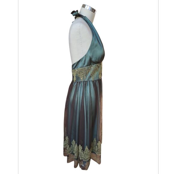 Adrianna Papell Boutique Halter Dress Sheer Embellished Size 8 Green Whimsigoth - Picture 2 of 12